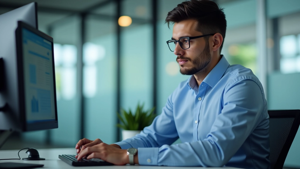 Accountant reviewing trial balance on computer screen with financial spreadsheet displayed