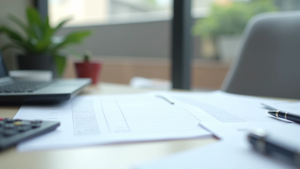 Professional accounting workspace with ledger books, calculator, and pen on desk
