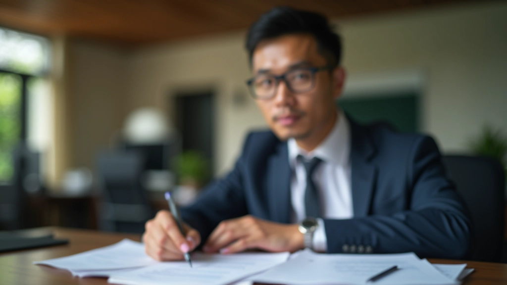 Malaysian business owner reviewing trial balance printout with accounting records and tax compliance documents